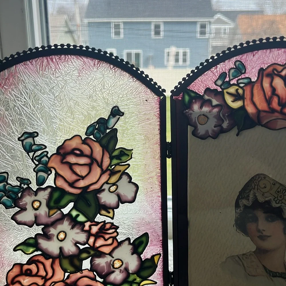 Vintage Stained Glass Bifold Floral Picture Frame